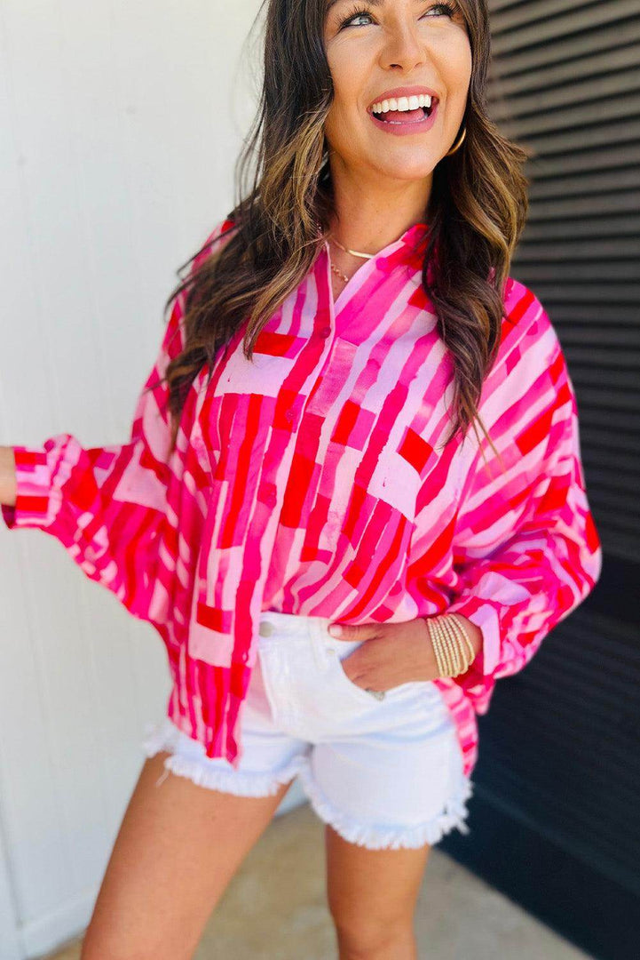 Pink Abstract Print Batwing Sleeve Casual Shirt - Fashion Queen -  3