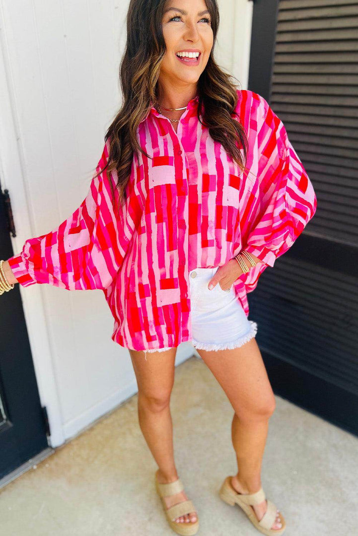 Pink Abstract Print Batwing Sleeve Casual Shirt - Fashion Queen -  4