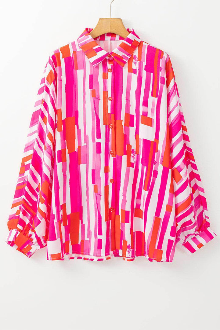 Pink Abstract Print Batwing Sleeve Casual Shirt - Fashion Queen -  5