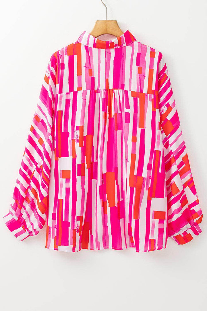 Pink Abstract Print Batwing Sleeve Casual Shirt - Fashion Queen -  6
