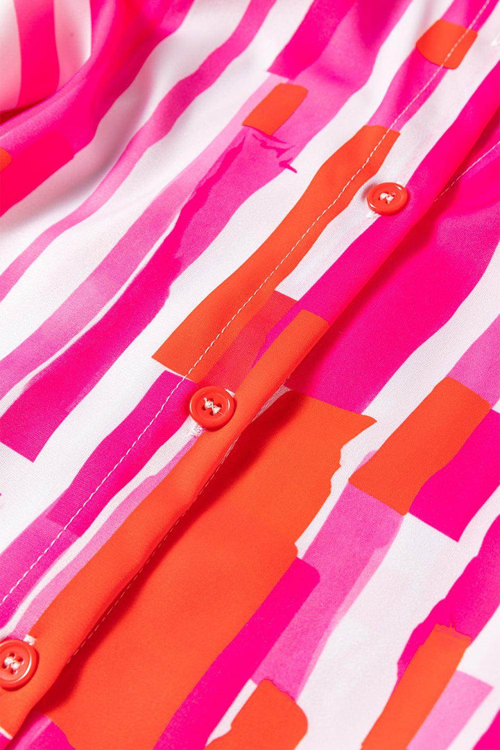 Pink Abstract Print Batwing Sleeve Casual Shirt - Fashion Queen -  8