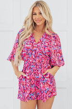 Load image into Gallery viewer, Pink Abstract Print Puff Sleeve V Neck High Waist Romper - Fashion Queen -  1
