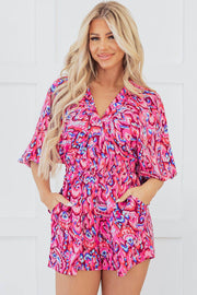 Pink Abstract Print Puff Sleeve V Neck High Waist Romper - Fashion Queen -  1