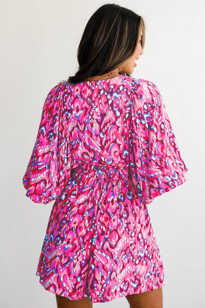 Pink Abstract Print Puff Sleeve V Neck High Waist Romper - Fashion Queen -  10