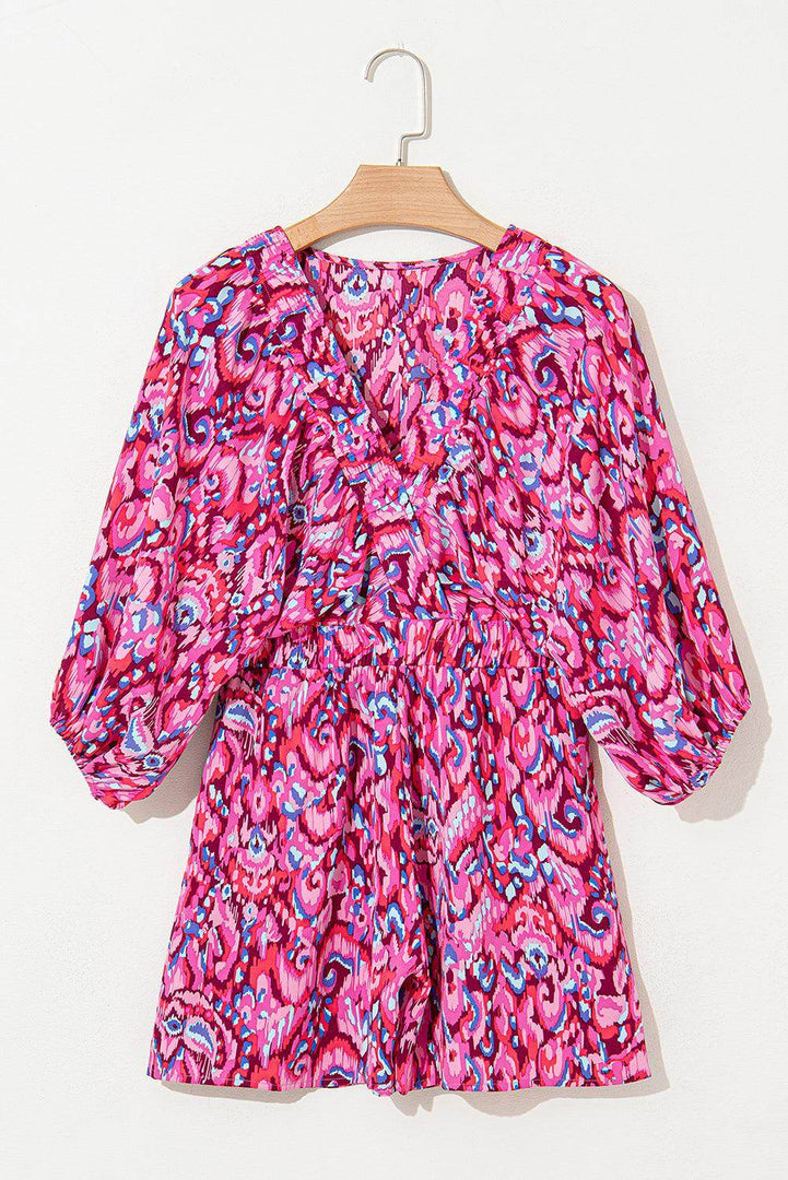 Pink Abstract Print Puff Sleeve V Neck High Waist Romper - Fashion Queen -  12