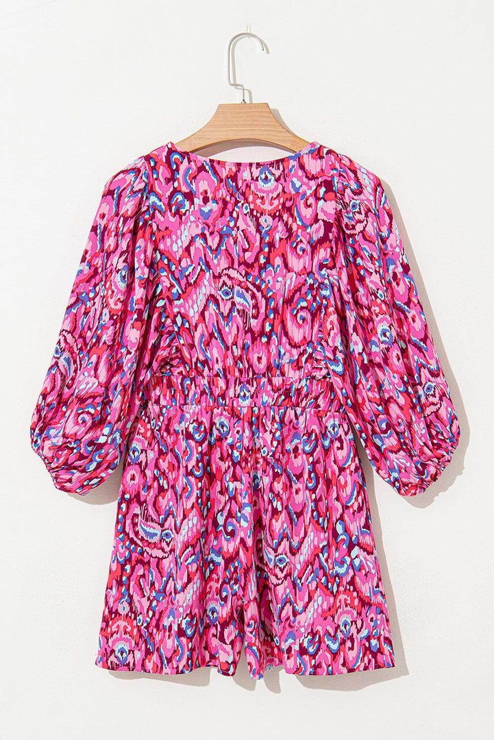 Pink Abstract Print Puff Sleeve V Neck High Waist Romper - Fashion Queen -  13