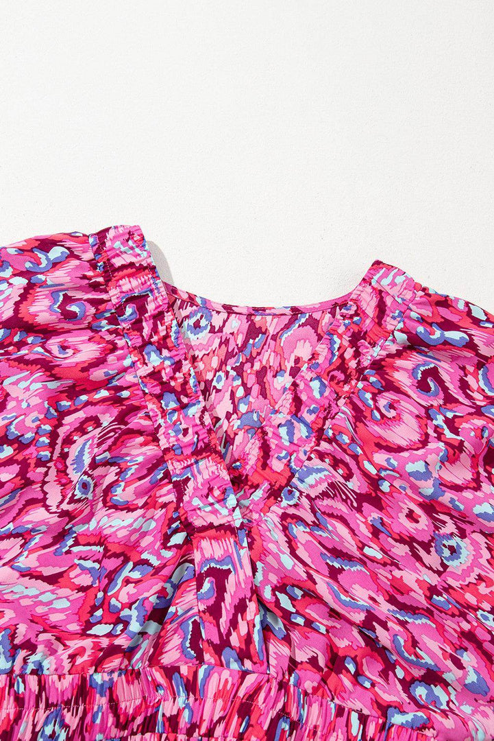 Pink Abstract Print Puff Sleeve V Neck High Waist Romper - Fashion Queen -  14