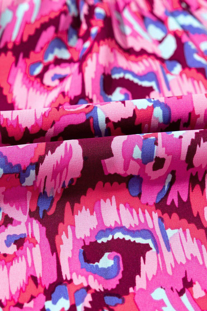 Pink Abstract Print Puff Sleeve V Neck High Waist Romper - Fashion Queen -  18