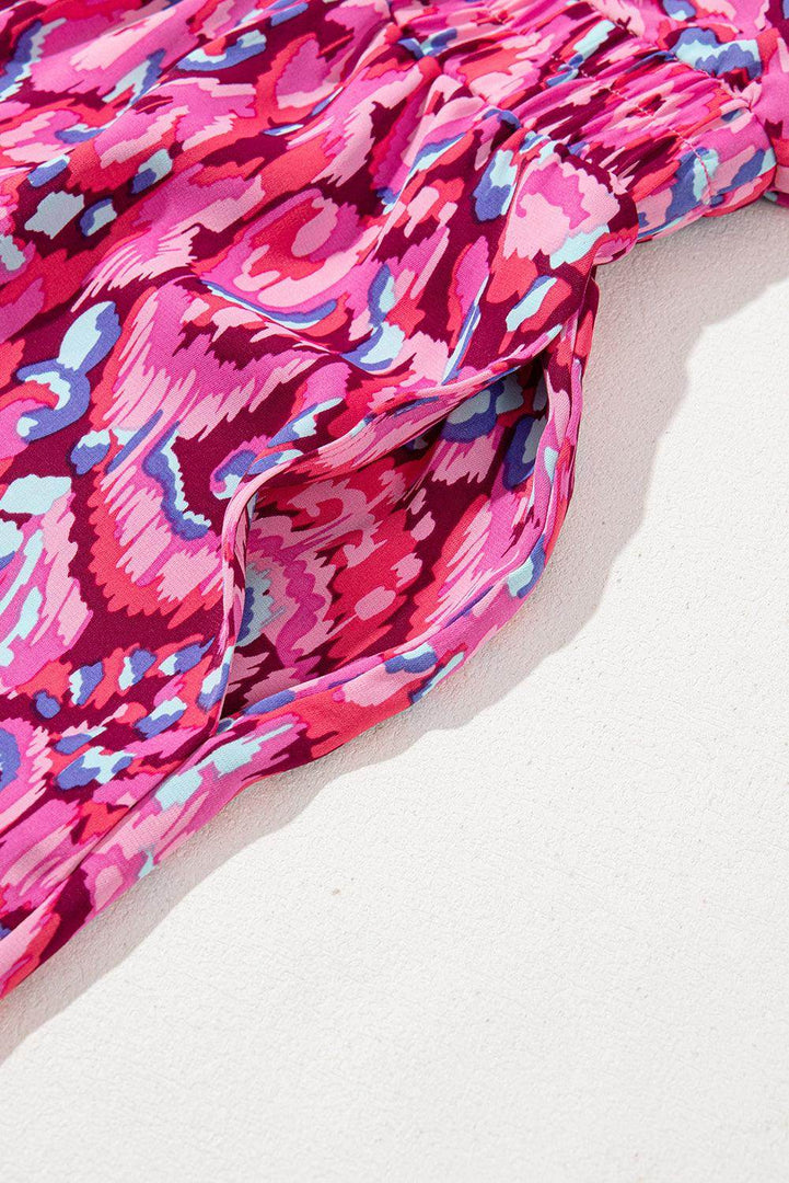 Pink Abstract Print Puff Sleeve V Neck High Waist Romper - Fashion Queen -  19