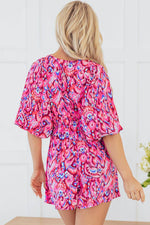 Load image into Gallery viewer, Pink Abstract Print Puff Sleeve V Neck High Waist Romper - Fashion Queen -  2
