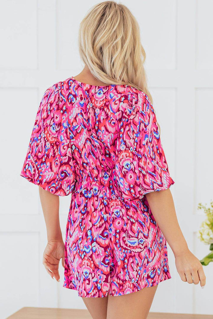 Pink Abstract Print Puff Sleeve V Neck High Waist Romper - Fashion Queen -  2