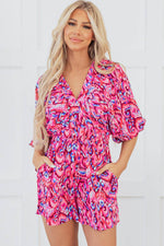 Load image into Gallery viewer, Pink Abstract Print Puff Sleeve V Neck High Waist Romper - Fashion Queen -  4
