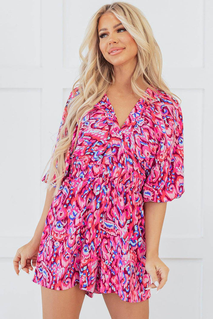 Pink Abstract Print Puff Sleeve V Neck High Waist Romper - Fashion Queen -  5