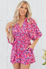 Load image into Gallery viewer, Pink Abstract Print Puff Sleeve V Neck High Waist Romper - Fashion Queen -  6
