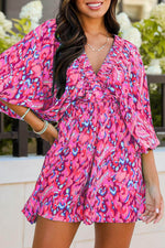 Load image into Gallery viewer, Pink Abstract Print Puff Sleeve V Neck High Waist Romper - Fashion Queen -  9
