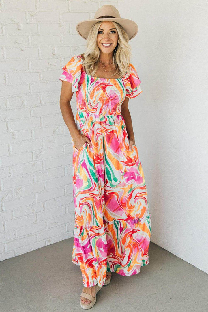 Pink Abstract Print Ruffled Sleeve Smocked Bust Maxi Dress - Fashion Queen -  10