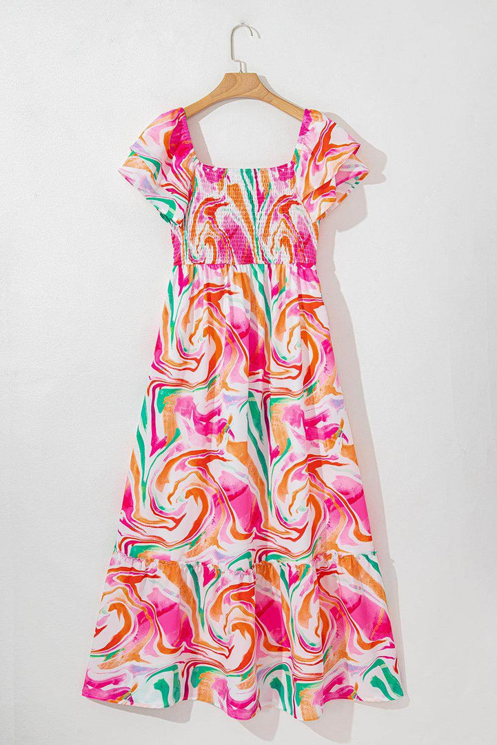 Pink Abstract Print Ruffled Sleeve Smocked Bust Maxi Dress - Fashion Queen -  11