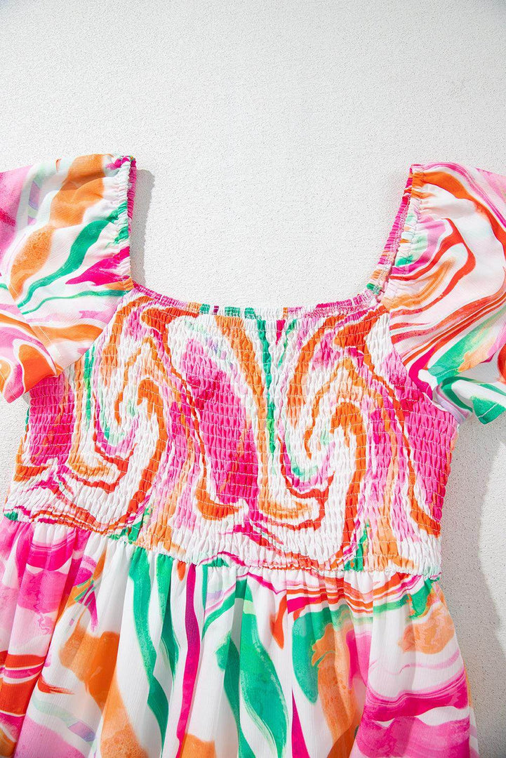 Pink Abstract Print Ruffled Sleeve Smocked Bust Maxi Dress - Fashion Queen -  13