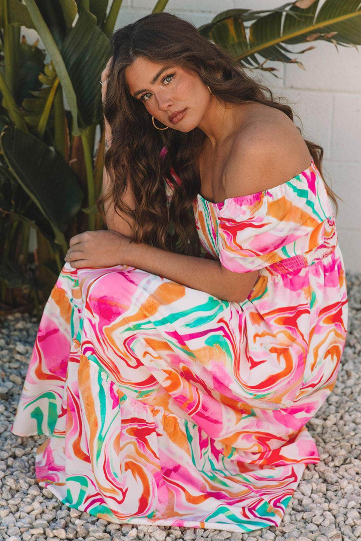 Pink Abstract Print Ruffled Sleeve Smocked Bust Maxi Dress - Fashion Queen -  3