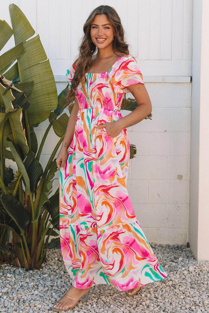 Pink Abstract Print Ruffled Sleeve Smocked Bust Maxi Dress - Fashion Queen -  5