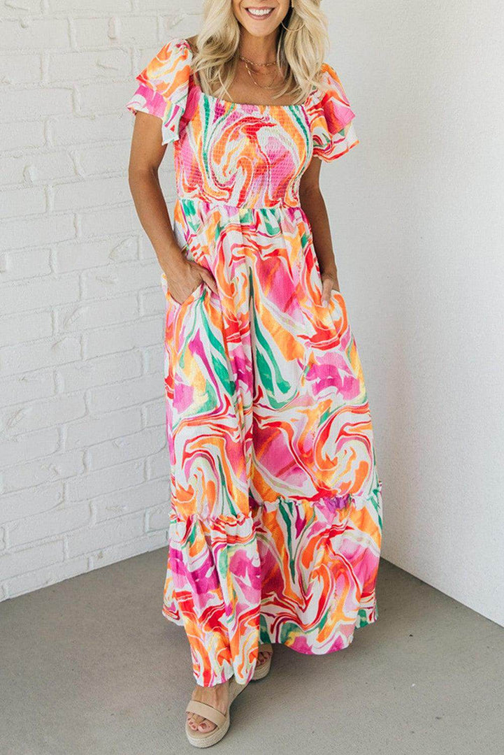 Pink Abstract Print Ruffled Sleeve Smocked Bust Maxi Dress - Fashion Queen -  7