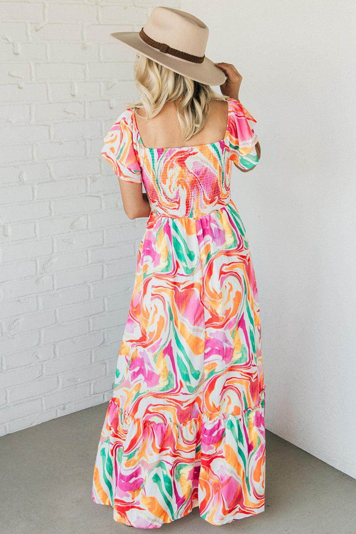 Pink Abstract Print Ruffled Sleeve Smocked Bust Maxi Dress - Fashion Queen -  8