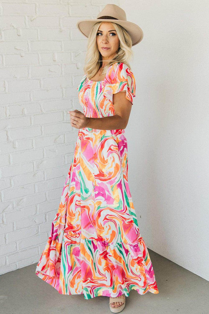 Pink Abstract Print Ruffled Sleeve Smocked Bust Maxi Dress - Fashion Queen -  9