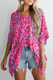 Pink Abstract Print V Neck Half Sleeve Loose Fit Tunic Blouse - Fashion Queen -  1
