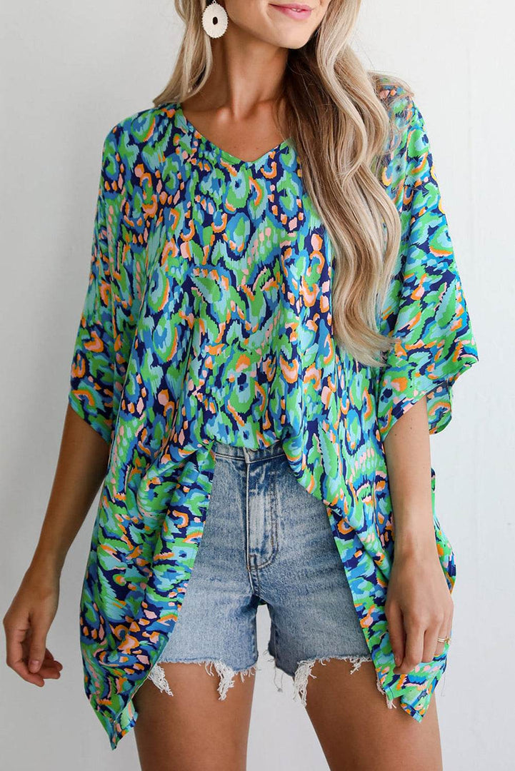 Pink Abstract Print V Neck Half Sleeve Loose Fit Tunic Blouse - Fashion Queen -  18