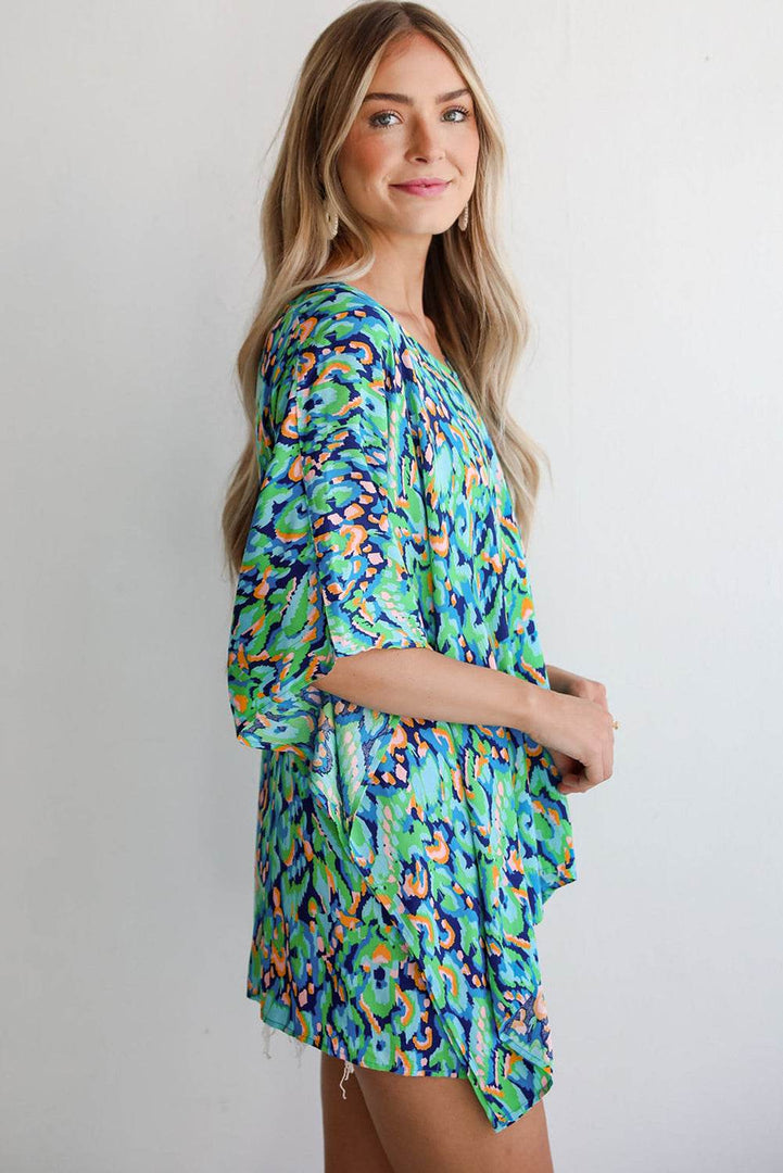 Pink Abstract Print V Neck Half Sleeve Loose Fit Tunic Blouse - Fashion Queen -  20