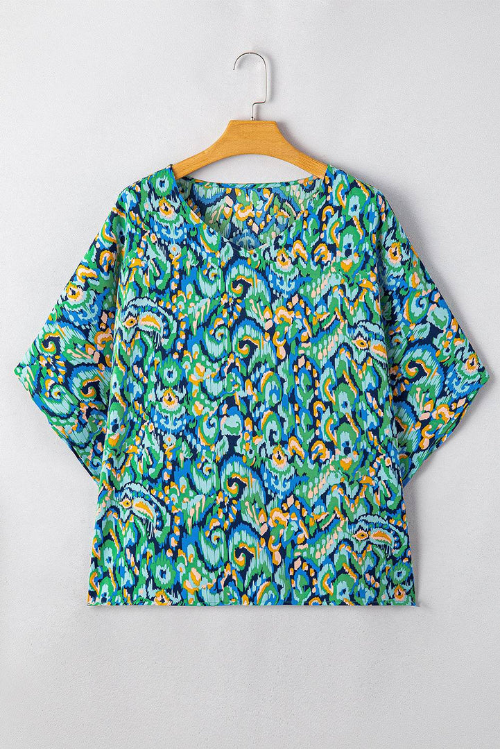 Pink Abstract Print V Neck Half Sleeve Loose Fit Tunic Blouse - Fashion Queen -  22