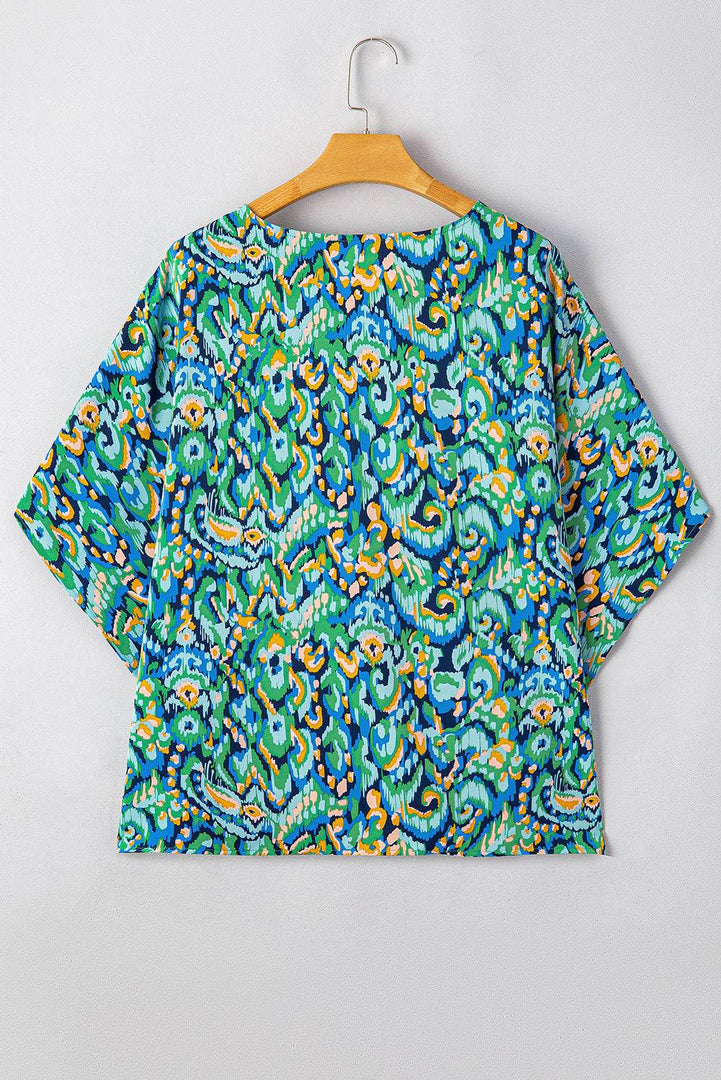 Pink Abstract Print V Neck Half Sleeve Loose Fit Tunic Blouse - Fashion Queen -  23