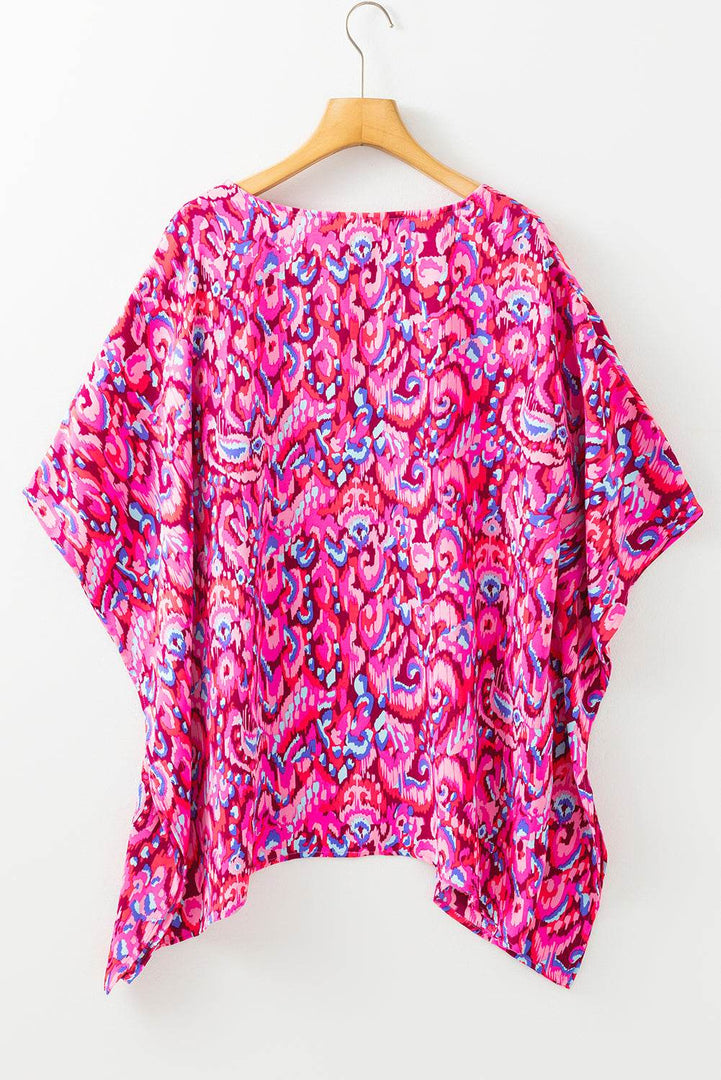 Pink Abstract Print V Neck Half Sleeve Loose Fit Tunic Blouse - Fashion Queen -  7