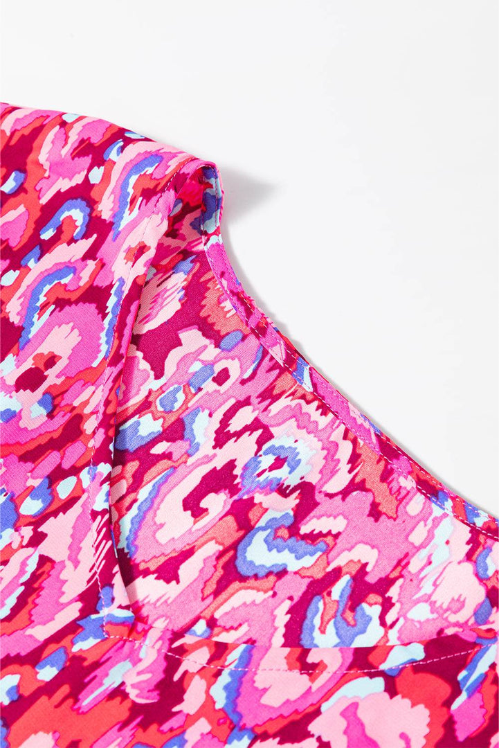 Pink Abstract Print V Neck Half Sleeve Loose Fit Tunic Blouse - Fashion Queen -  8