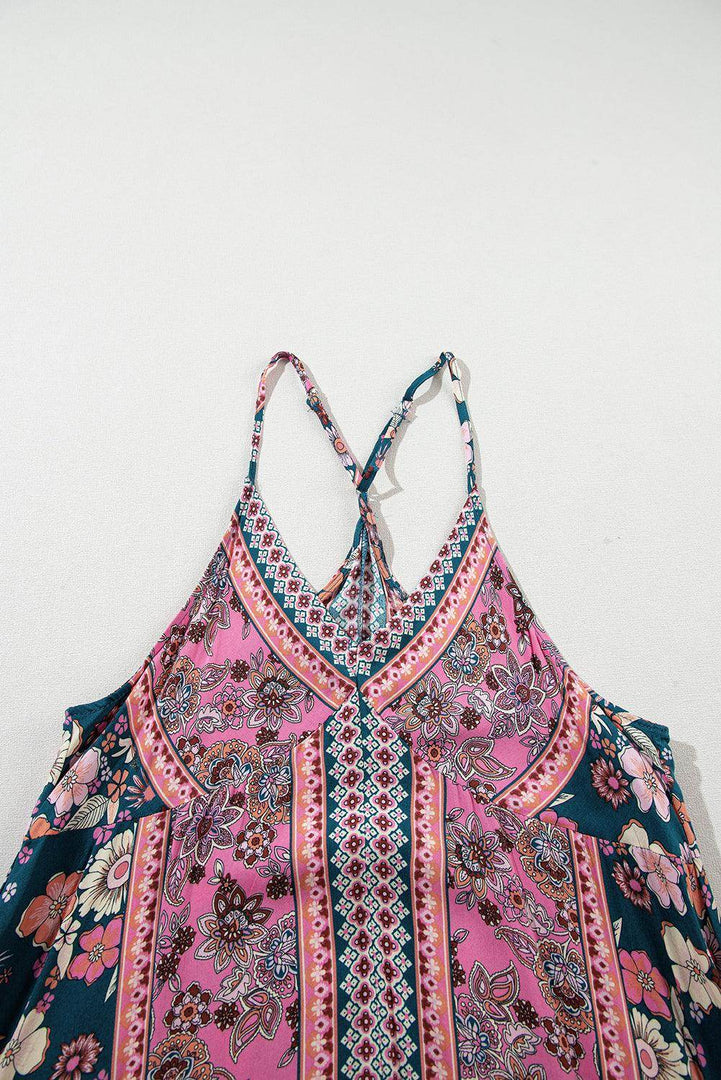 Pink Bohemian Floral Patchwork Print Long Sundress - Fashion Queen -  11