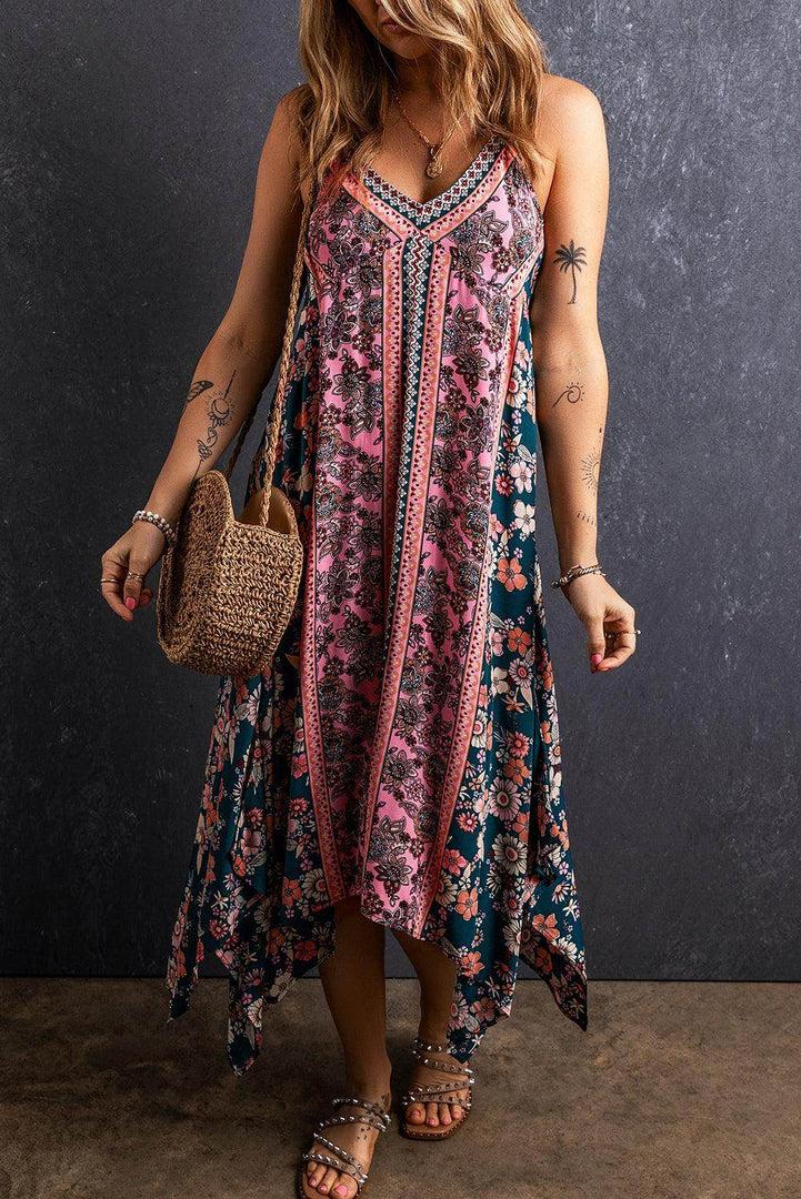 Pink Bohemian Floral Patchwork Print Long Sundress - Fashion Queen -  3
