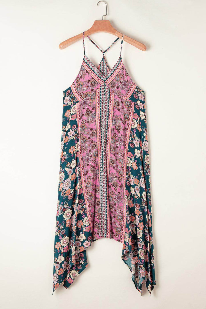 Pink Bohemian Floral Patchwork Print Long Sundress - Fashion Queen -  8