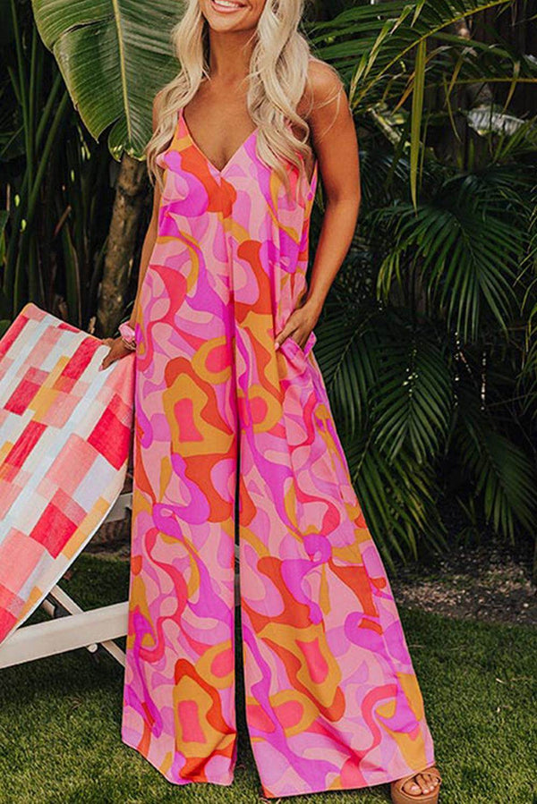 Pink Boho Abstract Print V Neck Wide Leg Jumpsuit - Fashion Queen -  1