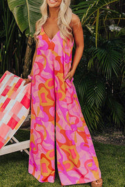 Pink Boho Abstract Print V Neck Wide Leg Jumpsuit - Fashion Queen -  1