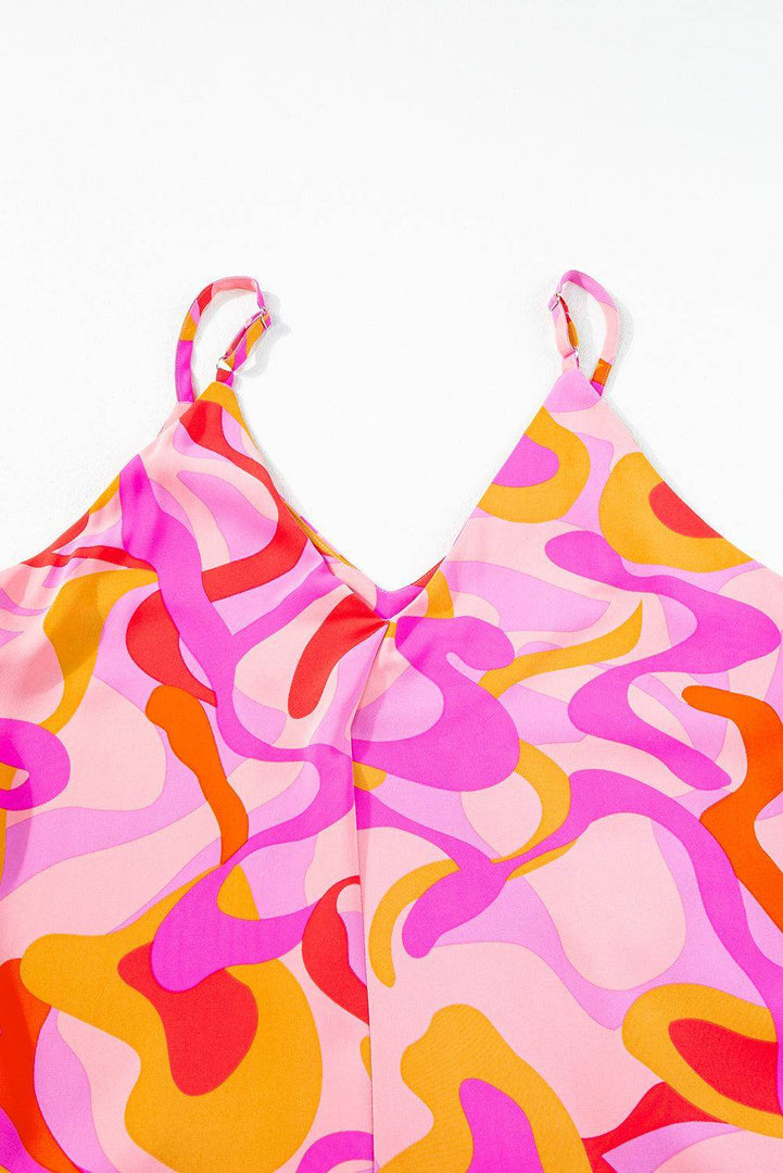 Pink Boho Abstract Print V Neck Wide Leg Jumpsuit - Fashion Queen -  11