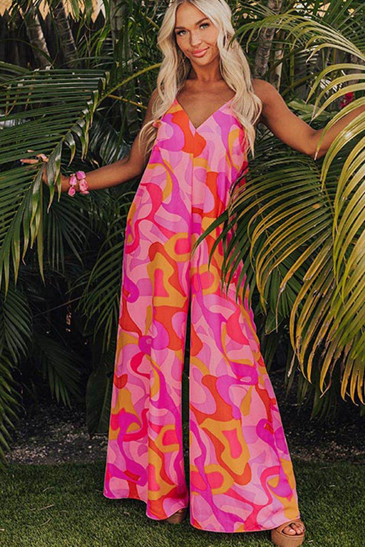 Pink Boho Abstract Print V Neck Wide Leg Jumpsuit - Fashion Queen -  3