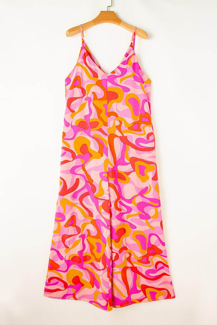 Pink Boho Abstract Print V Neck Wide Leg Jumpsuit - Fashion Queen -  6