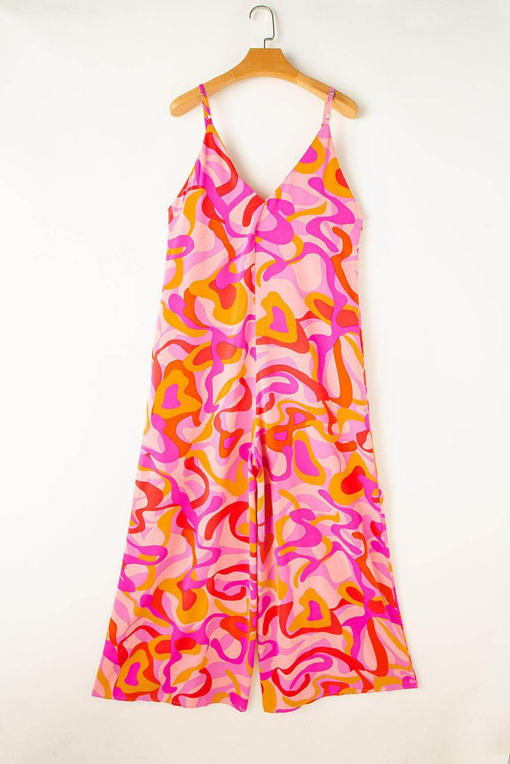 Pink Boho Abstract Print V Neck Wide Leg Jumpsuit - Fashion Queen -  7