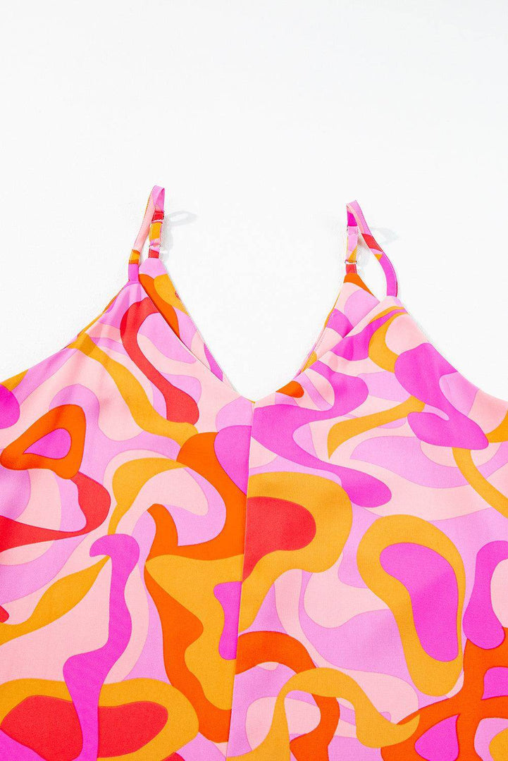 Pink Boho Abstract Print V Neck Wide Leg Jumpsuit - Fashion Queen -  8