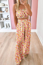 Pink Boho Floral Bandeau Top and High Waist Wide Leg Pants Set - Fashion Queen -  1
