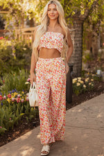 Load image into Gallery viewer, Pink Boho Floral Bandeau Top and High Waist Wide Leg Pants Set - Fashion Queen -  14

