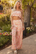 Load image into Gallery viewer, Pink Boho Floral Bandeau Top and High Waist Wide Leg Pants Set - Fashion Queen -  16
