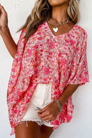 Pink Boho Floral V Neck Kimono Style Blouse - Fashion Queen -  1