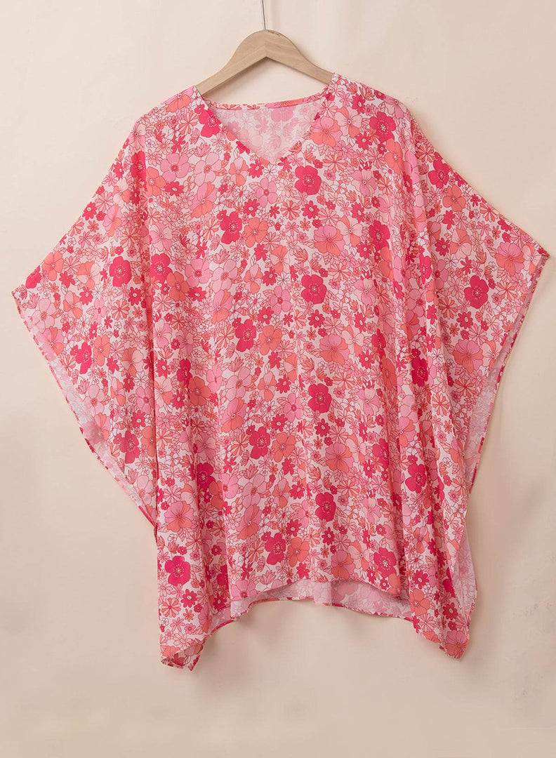 Pink Boho Floral V Neck Kimono Style Blouse - Fashion Queen -  12