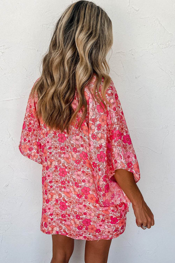 Pink Boho Floral V Neck Kimono Style Blouse - Fashion Queen -  2